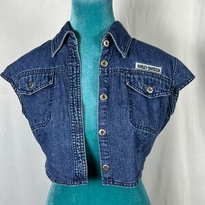 Vintage Harley-Davidson Cap Sleeve Denim Cropped Vest Jacket (Size S)